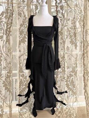 Y2K Whimsygoth Fairycore Black Ruffle Maxi Dress with Tie Waist Chiffon Shrug